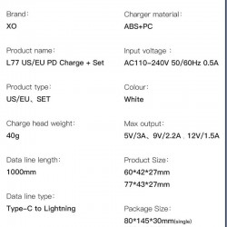 KIT CHARGE LIGHTNING QUICK CHARGE 3A 20W XO L77